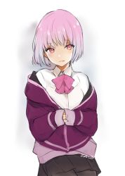 Rule 34 | 10s, 1girl, black skirt, bow, bowtie, grey pantyhose, gridman universe, hands in opposite sleeves, jacket, long sleeves, looking at viewer, lpip, off shoulder, pantyhose, parted lips, pink bow, pink bowtie, pink eyes, pink hair, pleated skirt, purple jacket, shinjou akane, short hair, signature, skirt, sleeves past wrists, smile, solo, ssss.gridman, white background