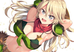 Rule 34 | 1girl, :d, armpits, arms up, bandeau, bare shoulders, belt, blonde hair, blue eyes, breasts, brown belt, cleavage, collarbone, commentary request, cosplay, cowboy shot, detached sleeves, dutch angle, front-tie top, green bandeau, green skirt, green sleeves, groin, hair between eyes, hat on back, holster, iowa (kancolle), kantai collection, large breasts, light particles, long hair, looking at viewer, midriff, navel, open mouth, outdoors, puffy detached sleeves, puffy sleeves, red scarf, scarf, sheriff badge, sidelocks, simple background, skirt, smile, solo, standing, star (symbol), taiki shuttle (umamusume), taiki shuttle (umamusume) (cosplay), teeth, umamusume, upper teeth only, white background, yasume yukito