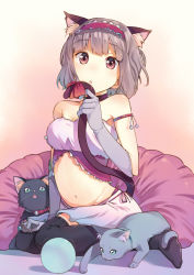 Rule 34 | 1girl, :o, animal ears, ball, belly, black thighhighs, breasts, cat, cat ears, cat tail, collar, gloves, grey hair, hairband, holding, navel, original, red eyes, ribbon, short hair, sitting, skirt, solo, t-okada, tail, tail ornament, tail ribbon, thighhighs
