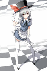 Rule 34 | 1girl, bad id, bad pixiv id, between fingers, bon, bon (artist), braid, checkered floor, embodiment of scarlet devil, female focus, floor, gloves, hat, hat tip, highres, holding, izayoi sakuya, knife, leaning forward, legs, looking at viewer, maid, maid headdress, perspective, red eyes, short hair, silver hair, smile, solo, thighhighs, throwing knife, top hat, touhou, twin braids, weapon, white thighhighs, zettai ryouiki
