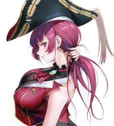 Rule 34 | 1girl, absurdres, arrow through heart, black choker, breasts, choker, cleavage, closed mouth, commentary, frilled choker, frills, hat, highres, holding, holding own hair, hololive, houshou marine, jacket, looking at viewer, mole, natsugou shinogi, pirate hat, red eyes, red hair, red jacket, see-through, see-through cleavage, simple background, sleeveless, smile, solo, upper body, virtual youtuber, white background