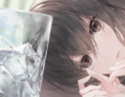 Rule 34 | 1girl, absurdres, blurry, blurry background, brown eyes, brown hair, condensation, crystalherb, glass, highres, ice, ice cube, looking at viewer, lying, on side, original, solo, symbol-only commentary