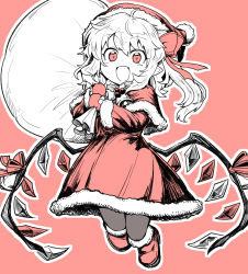 Rule 34 | 1girl, absurdres, alternate costume, alternate headwear, bell, boots, bow, capelet, carrying, christmas ornaments, commentary, dress, fang, flandre scarlet, fur-trimmed boots, fur-trimmed capelet, fur-trimmed dress, fur-trimmed gloves, fur-trimmed headwear, fur-trimmed sleeves, fur trim, gift bag, gloves, hair between eyes, hair bow, hands up, happy, hat, highres, holding, holding sack, jumping, oninamako, open mouth, outline, partially colored, pink background, pink bow, pink ribbon, pink santa costume, pointy ears, red capelet, red eyes, red footwear, red hat, ribbon, sack, santa boots, santa costume, santa gloves, santa hat, short hair with long locks, slit pupils, solo, touhou, wing ribbon