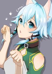 Rule 34 | 1girl, :o, animal ears, animal print, bare shoulders, black ribbon, blue eyes, blue hair, blush, cat ears, cat print, commentary request, grey background, hair between eyes, hair ribbon, ribbon, short hair with long locks, simple background, sinon, sinon (sao-alo), solo, sword art online, yuki (angieee)
