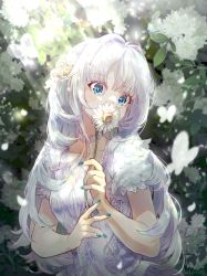 Rule 34 | 1girl, absurdres, blue nails, blush, bug, bush, butterfly, choker, collarbone, dress, flower, hair flower, hair ornament, highres, holding, holding flower, insect, kachin, long hair, looking at viewer, nail polish, original, short sleeves, solo, upper body, white butterfly, white choker, white dress, white hair, yellow flower