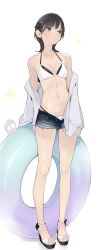 Rule 34 | 1girl, ama mitsuki, black hair, black shorts, breasts, brown eyes, cross, full body, high heels, highres, jacket, jewelry, navel, necklace, original, sandals, short hair, short shorts, shorts, simple background, small breasts, solo, wedge heels, white background, white jacket
