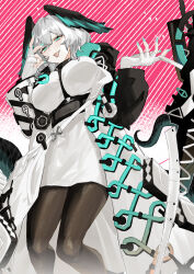 Rule 34 | 1girl, :p, absurdres, aqua eyes, aqua nails, arknights, black pantyhose, breasts, coat, dress, feet out of frame, fingerless gloves, fingernails, from below, gloves, grey hair, head wings, highres, ho&#039;olheyak (arknights), impossible clothes, impossible dress, large breasts, long fingernails, long sleeves, looking at viewer, looking down, nail polish, open clothes, open coat, pantyhose, renxzd, short hair, smile, solo, standing, striped, striped background, tail, tongue, tongue out, white coat, white dress, white gloves, wings