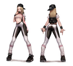 Rule 34 | 1girl, absurdres, arm warmers, ass, backpack, backwards hat, bag, baseball cap, black footwear, black hat, blonde hair, breasts, brown eyes, contrapposto, crop top, cropped shirt, hat, highres, jungon kim, leggings, legs apart, long hair, looking at viewer, medium breasts, mouth hold, multiple views, nipples, no bra, original, pigeon-toed, shirt, shoes, simple background, sneakers, standing, wet, wet clothes, wet shirt, white background