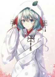 Rule 34 | 1girl, akira (been0328), bad id, bad pixiv id, blush, closed mouth, commentary request, double bun, flower, green eyes, greyscale, hair between eyes, hair bun, hand up, hatsune miku, hood, hood up, japanese clothes, kimono, leaf, long hair, long sleeves, monochrome, pinching sleeves, pink flower, sidelocks, sleeves past wrists, smile, solo, tassel, uchikake, very long hair, vocaloid, white kimono