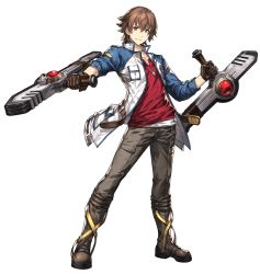 Rule 34 | 1boy, blue jacket, boots, brown dust, brown eyes, brown footwear, brown gloves, brown pants, closed mouth, crossover, dog tags, dual wielding, eiyuu densetsu, floating clothes, full body, gloves, hair between eyes, hajimari no kiseki, highres, holding, holding weapon, jacket, jewelry, light smile, lloyd bannings, long sleeves, looking at viewer, multicolored clothes, multicolored jacket, necklace, official art, open clothes, open jacket, pants, red shirt, shirt, short hair, simple background, smile, solo, standing, tachi-e, tonfa, transparent background, two-tone jacket, undershirt, weapon, white background, white jacket, white shirt