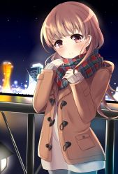Rule 34 | 10s, 1girl, blush, brown eyes, brown hair, city lights, highres, jacket, kantai collection, long hair, long sleeves, looking at viewer, night, ooi (kancolle), open clothes, open jacket, scarf, shirt, sky, smile, solo, soramuko, star (sky), starry sky