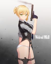 Rule 34 | 1girl, arm at side, black gloves, black vest, bolt action, braid, character name, closed mouth, corset, cowboy shot, french braid, from side, girls&#039; frontline, gloves, gradient background, grey background, grey shirt, gun, half gloves, handgun, highres, holding, holding gun, holding weapon, holster, index finger raised, integral suppressor, integrally-suppressed firearm, looking at viewer, looking to the side, manual firearm, narynn, no pants, panties, pinstripe pattern, pinstripe vest, serious, shirt, short ponytail, short sleeves, solo, standing, striped, suppressor, thigh holster, thigh strap, thighs, trigger discipline, tsurime, underwear, v-shaped eyebrows, vertical stripes, vest, weapon, welrod, welrod mk ii, welrod mkii (girls&#039; frontline), white panties