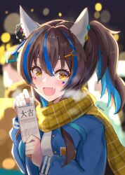 Rule 34 | 1girl, alternate costume, animal ears, blue hair, blush, charm (object), colored inner hair, commentary request, daitaku helios (umamusume), ear covers, ear piercing, fang, hair ornament, hairclip, highres, horse ears, horse girl, jacket, lens flare, long sleeves, looking at viewer, multicolored hair, open clothes, open jacket, outdoors, piercing, plaid, plaid scarf, scarf, smile, solo, streaked hair, twitter username, ugura (ugurax), umamusume, upper body, visible air, yellow eyes