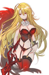 1girl blonde_hair closed_mouth corset dainatsu detached_collar don_quixote_(project_moon) feather_boa fur_scarf garter_straps highres holding holding_weapon la_manchaland_(identity)_(project_moon) lance limbus_company lingerie long_hair looking_to_the_side panties parted_bangs polearm project_moon red_eyes red_panties sancho_(project_moon) solo thighhighs underwear weapon white_background