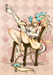 Rule 34 | 1girl, antlers, argyle, argyle background, argyle clothes, bad id, bad pixiv id, bare legs, bare shoulders, barefoot, blonde hair, blue eyes, boots, breasts, chair, chair in motion, cleavage, clothes between thighs, colored eyelashes, dress, dressing, elbow gloves, feet, fingerless gloves, frown, full body, fur trim, gem (symbol), gloves, hair between eyes, hair ornament, high heel boots, high heels, highres, horns, knee boots, large breasts, leg up, legs, long hair, looking away, partially undressed, patterned, patterned background, pelvic curtain, pulling, purple background, putting on shoes, puzzle &amp; dragons, sakuya (p&amp;d), shoes, single boot, single shoe, sitting, sitting on object, solo, spikes, spots, strapless, strapless dress, tail, tail ornament, thigh boots, thighhighs, thighs, toenails, trembling, twintails, wavy hair, white dress, white gloves, white thighhighs, zutta