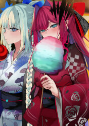 Rule 34 | 2girls, absurdres, baobhan sith (fate), blue eyes, bow, breasts, cotton candy, fate/grand order, fate (series), grey hair, hair bow, highres, japanese clothes, kimono, large breasts, long hair, long sleeves, looking at viewer, morgan le fay (fate), morgan le fay (fgo fes. 2023) (fate), multiple girls, obi, pink hair, pointy ears, ponytail, red kimono, san (harutuki 3), sash, sidelocks, tiara, very long hair, white kimono, wide sleeves