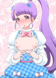 Rule 34 | 1girl, blue dress, blunt bangs, blush, bow, bowtie, breasts, breasts apart, breasts out, buttons, cowboy shot, double-breasted, dress, hairband, heart button, high ponytail, highres, juliet sleeves, long hair, long sleeves, looking at viewer, manaka non, nipples, parted lips, pinafore dress, pink background, pink bow, pink bowtie, ponytail, pretty series, pripara, puffy sleeves, purple eyes, purple hair, shirt, sleeveless dress, small breasts, solo, standing, very long hair, white shirt, yonekura hisaki