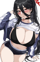 Rule 34 | 1girl, black hair, blue archive, blue shorts, blush, breasts, cleavage, halo, hasumi (blue archive), hasumi (track) (blue archive), hella p, highres, jacket, large breasts, looking at viewer, mole, mole under eye, navel, open clothes, open jacket, parted lips, red eyes, shirt, short shorts, shorts, simple background, solo, thighs, white background, white shirt