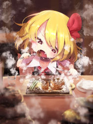 Rule 34 | 1girl, black vest, blonde hair, blush, cup, eating, fangs, food, fork, gomeifuku, good meat day, hair ribbon, highres, holding, holding fork, holding knife, knife, meat, open mouth, plate, red eyes, ribbon, rumia, shirt, short hair, sitting, solo, steak, steam, sweat, nervous sweating, table, touhou, vest