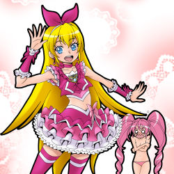 Rule 34 | 2girls, :d, blonde hair, blue eyes, blush, bow, brooch, choker, cosplay, covering privates, covering breasts, cowboy shot, crop top, cure melody, cure melody (cosplay), dokidoki! precure, earrings, embarrassed, eunos, frilled skirt, frills, hair bow, hairband, houjou hibiki, jewelry, long hair, looking at viewer, magical girl, midriff, multiple girls, navel, o o, open mouth, panties, pink bow, pink hair, pink legwear, pink panties, pink skirt, precure, regina (dokidoki! precure), skirt, smile, suite precure, thighhighs, topless, underwear, wrist cuffs