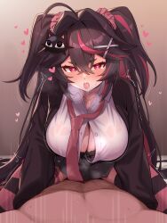Rule 34 | 1boy, 1girl, absurdres, ahoge, aigami himeka, black bra, black cardigan, black hair, black skirt, black thighhighs, blush, bra, breasts, cardigan, cleavage, clothed sex, collared shirt, covered penetration, cowgirl position, girl on top, hair between eyes, hair intakes, hair ornament, heart, hetero, highres, large breasts, long hair, looking at viewer, lying, necktie, on back, open mouth, original, panties, panties around leg, pink necktie, pink thighhighs, pov, red eyes, red hair, sex, shirt, skirt, solo focus, straddling, striped clothes, striped thighhighs, tearing up, thighhighs, trembling, underwear, white shirt, x hair ornament, yagi (ningen)