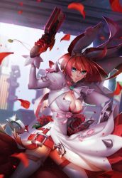 Rule 34 | 1girl, blue eyes, breasts, cleavage, clover, elphelt valentine, female focus, fingernails over gloves, garter straps, guilty gear, guilty gear xrd, gun, kevintut, large breasts, petals, pink hair, solo, thighhighs, weapon, white thighhighs