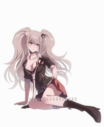 Rule 34 | 1girl, arm support, black bra, black footwear, black shirt, blue eyes, blush, boots, bra, breasts, choker, cleavage, clothes lift, collarbone, commentary, criis-chan, cross-laced footwear, danganronpa: trigger happy havoc, danganronpa (series), dress, enoshima junko, foreshortening, full body, gloves, grey background, grey eyes, hair ornament, high heel boots, high heels, knee boots, lace-up boots, long hair, looking at viewer, medium breasts, miniskirt, nail polish, necktie, pink hair, pleated skirt, red skirt, shirt, simple background, sitting, skirt, skirt lift, sleeves rolled up, smile, solo, twintails, twitter username, underwear, very long hair, white necktie