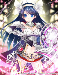 Rule 34 | 1girl, armor, armpits, belt, black gloves, blue eyes, blue hair, blush, boots, breastplate, breasts, choker, cleavage, clothing cutout, cross, feathers, gauntlets, gem, gloves, hair ribbon, hairband, holding, holding sword, holding weapon, looking at viewer, matching hair/eyes, miniskirt, momoiro taisen pairon, navel, navel cutout, original, parted lips, red skirt, ribbon, red gemstone, shield, skirt, solo, stomach, sword, thigh boots, thighhighs, weapon, white ribbon, yaki mayu, zettai ryouiki