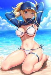 Rule 34 | 1girl, ahoge, armpits, arms behind head, artoria pendragon (fate), baseball cap, beach, bikini, blonde hair, blue eyes, blue hat, blush, breasts, cleavage, commentary request, cropped jacket, day, fate/grand order, fate (series), full body, groin, hair between eyes, hands up, hat, kase daiki, kneeling, large breasts, long hair, looking at viewer, md5 mismatch, mysterious heroine x (fate), mysterious heroine xx (fate), navel, ocean, outdoors, ponytail, resolution mismatch, sand, shiny skin, shore, shrug (clothing), side-tie bikini bottom, sideboob, sitting, skindentation, solo, source larger, stomach, sunlight, swimsuit, thigh strap, thighs, underboob, wariza, white bikini