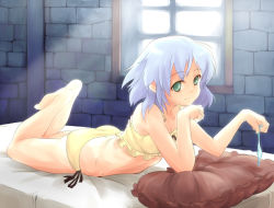 Rule 34 | 1girl, barefoot, bed, condom, daizu sanchi, green eyes, lingerie, lying, sanya v. litvyak, short hair, silver hair, solo, strike witches, underwear, underwear only, used condom, world witches series