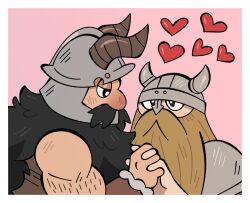 Rule 34 | 2boys, beard, billspooks, brown hair, character request, crossover, dungeon meshi, dwarf, eye contact, facial hair, fake horns, helmet, highres, holding hands, horned helmet, horns, interlocked fingers, light brown hair, long beard, looking at another, loving aura, male focus, multiple boys, pink background, senshi (dungeon meshi), sousou no frieren, sparse arm hair, thick mustache, trait connection, upper body, very long beard, yaoi