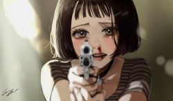 Rule 34 | 1girl, aiming, aiming at viewer, blood, blurry, blurry foreground, bob cut, brown eyes, brown hair, commentary, crying, crying with eyes open, depth of field, gun, handgun, highres, holding, holding gun, holding weapon, jewelry, leon the professional, light particles, looking at viewer, mathilda lando, necklace, nosebleed, open mouth, pomu (joynet), revolver, shirt, short hair, short sleeves, signature, solo, striped clothes, striped shirt, t-shirt, tears, teeth, weapon