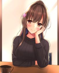 Rule 34 | 1girl, black sweater, blush, breasts, brown eyes, brown hair, cup, female focus, flower, hair flower, hair ornament, highres, kantai collection, large breasts, long hair, looking at viewer, matching hair/eyes, ponytail, ribbed sweater, sitting, smile, solo, sweater, table, toyomi 13, very long hair, yamato (kancolle)