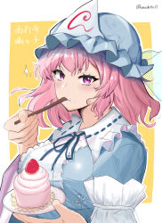 Rule 34 | 1girl, blue hat, breasts, character name, commentary, cupcake, eating, food, food on face, fork, hat, highres, holding, holding fork, kumadattu12, large breasts, looking at viewer, mob cap, outline, pink eyes, pink hair, saigyouji yuyuko, short hair, simple background, solo, touhou, triangular headpiece, twitter username, upper body, white outline, yellow background