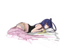 Rule 34 | 1girl, antenna hair, bed sheet, blazblue, blazblue remix heart, blue hair, blush, cropped legs, gender request, genderswap, hair down, half-closed eyes, highres, light smile, long hair, looking at viewer, lying, mai natsume, midriff, navel, on stomach, panties (pantsu-pirate), pillow, red eyes, ribbon, short shorts, shorts, simple background, solo, tank top