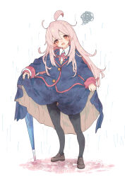 Rule 34 | 1girl, ahoge, black pantyhose, blazer, blue jacket, blue skirt, blue umbrella, blush, brown footwear, closed umbrella, commentary request, d:, double-parted bangs, full body, grey hair, hamayumiba sou, head tilt, highres, jacket, loafers, long hair, long sleeves, looking at viewer, medium skirt, neck ribbon, onii-chan wa oshimai!, open mouth, orange eyes, oyama mahiro, pantyhose, rain, red ribbon, ribbon, school uniform, shadow, shoes, skirt, skirt hold, solo, squiggle, standing, tearing up, umbrella, wet, wet clothes, white background