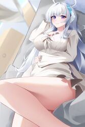Rule 34 | 1girl, absurdres, alternate costume, blue archive, grey hair, halo, highres, k cyp, long hair, looking at viewer, mechanical ears, mechanical halo, noa (blue archive), purple eyes, solo, thighs