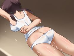 Rule 34 | 1girl, ass, awa, breasts, brown hair, butt crack, gertrud barkhorn, panties, strike witches, sweat, underwear, wet, white panties, world witches series