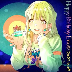 Rule 34 | + +, 1girl, :d, akroglam, animated, animated gif, birthday cake, blonde hair, cake, candle, character name, clothes writing, dated, earrings, eno (akroglam), food, fruit, hand on own cheek, hand on own face, hands up, highres, holding, holding food, jewelry, long hair, long sleeves, macaron, official art, open mouth, second-party source, shirt, smile, solo, strawberry, upper body, white shirt, yellow eyes