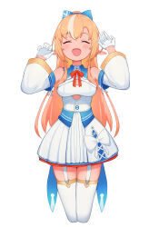 Rule 34 | 1girl, :d, ^ ^, absurdres, blonde hair, blue bow, bow, breasts, cleavage, closed eyes, detached sleeves, garter straps, gloves, hair bow, hands up, highres, hololive, long hair, medium breasts, multicolored hair, open mouth, pointy ears, sasaki (glass1138), shiranui flare, shiranui flare (1st costume), simple background, smile, solo, streaked hair, virtual youtuber, white background, white gloves, white sleeves
