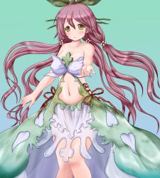 Rule 34 | 1girl, bare legs, bare shoulders, breasts, dress, granblue fantasy, hair bobbles, hair ornament, large breasts, long hair, looking at viewer, low quad tails, monster girl, navel, object on head, open mouth, pink hair, plant girl, pointy ears, riku (rikkuru), solo, tree, yellow eyes, yggdrasill (granblue fantasy)