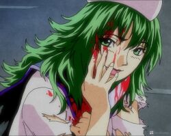 Rule 34 | 1990s (style), 1girl, blood, blood on clothes, blood on face, blood on hands, blue sailor collar, green eyes, green hair, highly responsive to prayers, kirigoe mima, long hair, mima (touhou), name connection, perfect blue, retro artstyle, sailor collar, solo, torn clothes, touhou, touhou (pc-98), ultragruntyy, white headwear