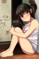 Rule 34 | 1girl, absurdres, bare arms, bare legs, bare shoulders, barefoot, black hair, blush, brown eyes, camisole, closed mouth, highres, indoors, knees up, looking at viewer, looking to the side, matsunaga kouyou, nose blush, on floor, original, profile, sitting, smile, solo, striped, striped camisole, twintails, wooden floor