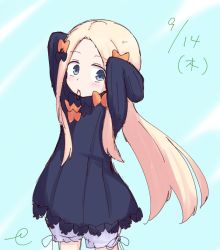 Rule 34 | 1girl, abigail williams (fate), arms up, bad id, bad pixiv id, black bow, black dress, blonde hair, bloomers, blue background, blue eyes, blush, bow, bug, butterfly, closed mouth, dated, dress, fate/grand order, fate (series), forehead, gradient background, hair bow, hair tie, hair tie in mouth, insect, kujou karasuma, long hair, long sleeves, looking at viewer, mouth hold, no headwear, orange bow, parted bangs, sidelocks, signature, sketch, sleeves past fingers, sleeves past wrists, solo, standing, underwear, very long hair, white background, white bloomers
