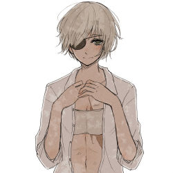 Rule 34 | 1girl, bad id, bad pixiv id, blush, bra, closed mouth, collarbone, collared shirt, eyepatch, flat chest, grey background, grey bra, grey shirt, hands up, highres, long sleeves, looking at viewer, mutsuki tooru, navel, open clothes, open shirt, shirt, short hair, simple background, sketch, smile, solo, tokyo ghoul, tokyo ghoul:re, toukaairab, underwear, upper body