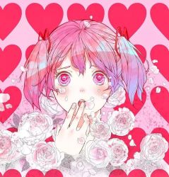 Rule 34 | :o, artist request, blue eyes, eyebrows, flower, flower-shaped pupils, hand to own mouth, hand up, heart, heart background, kaname madoka, leaf, looking up, mahou shoujo madoka magica, multicolored eyes, petals, pink background, pink eyes, pink flower, pink hair, pink rose, red eyes, red ribbon, ribbon, rose, rose petals, short hair, symbol-shaped pupils, twintails, white flower, white rose, worried