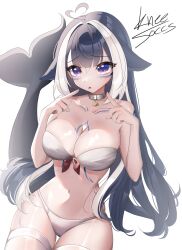 Rule 34 | 1girl, absurdres, ahoge, animal ears, arm tattoo, bikini, black hair, breasts, cetacean tail, chest tattoo, collar, collarbone, facial tattoo, fins, fish tail, hair flaps, heart, heart ahoge, highres, index finger raised, indie virtual youtuber, kneesoccs, large breasts, long hair, looking at viewer, multicolored hair, navel, orca girl, purple eyes, shylily, simple background, solo, stomach, strapless, strapless bikini, streaked hair, swimsuit, tail, tattoo, thigh strap, very long hair, virtual youtuber, white background, white bikini, white collar, white hair