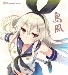 Rule 34 | 10s, 1girl, alternate eye color, anchor hair ornament, blonde hair, blue skirt, elbow gloves, gloves, hair ornament, hairband, huyukaaki, kantai collection, long hair, outstretched arms, red eyes, shimakaze (kancolle), skirt, smile, solo, twitter username