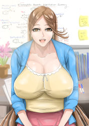 Rule 34 | 1girl, :d, absurdres, bad id, bad pixiv id, blue sweater, breasts, brown eyes, brown hair, cleavage, collarbone, commentary, desk, doctor, earrings, facing viewer, flower pot, highres, huge breasts, jewelry, kuroneko2052, large breasts, long hair, looking at viewer, marker, mature female, open mouth, paper, red skirt, sagiri yuuko, shirt, skirt, smile, solo, sticky note, sweater, swept bangs, teacher, tongue, triage x, vermillion, very long hair, whiteboard, yellow shirt