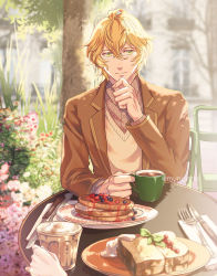 Rule 34 | 1boy, blonde hair, blueberry, blurry, blurry background, brown jacket, brown shirt, chair, coffee, coffee mug, collared shirt, cowlick, cream, cup, currant, drinking glass, flower, food, fork, french toast, fruit, glasses, green eyes, hair between eyes, hand on own chin, holding, holding cup, jacket, knife, lapels, looking at viewer, male focus, mug, muni inno, napkin, notched lapels, pancake, pink flower, plate, polka dot, polka dot shirt, pov across table, shinomiya natsuki (uta no prince-sama), shirt, short hair, sitting, smile, solo, strawberry, sweater vest, table, tree, upper body, uta no prince-sama, yellow sweater vest